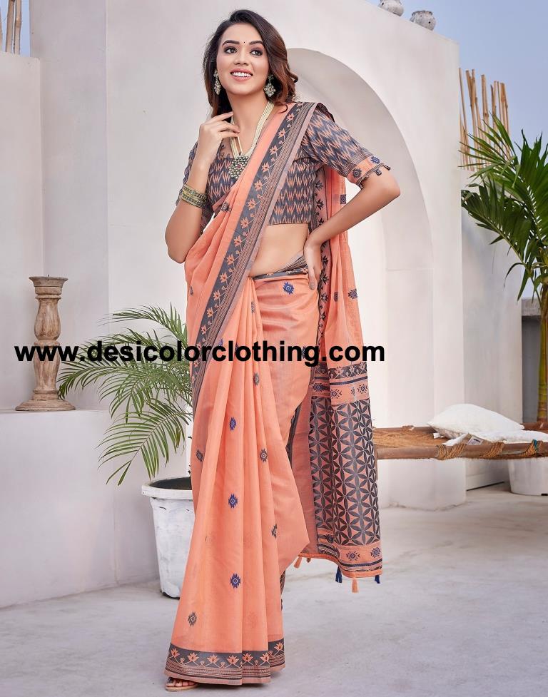 Peach Silk Plain Sarees
