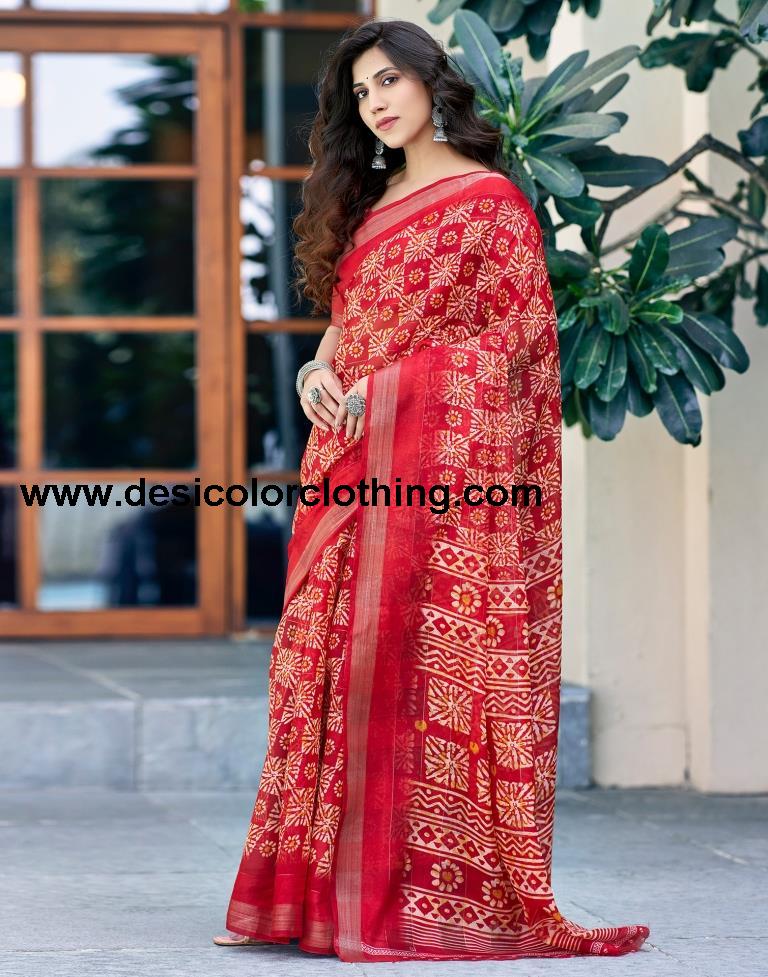 Cherry Red Printed Cotton Saree