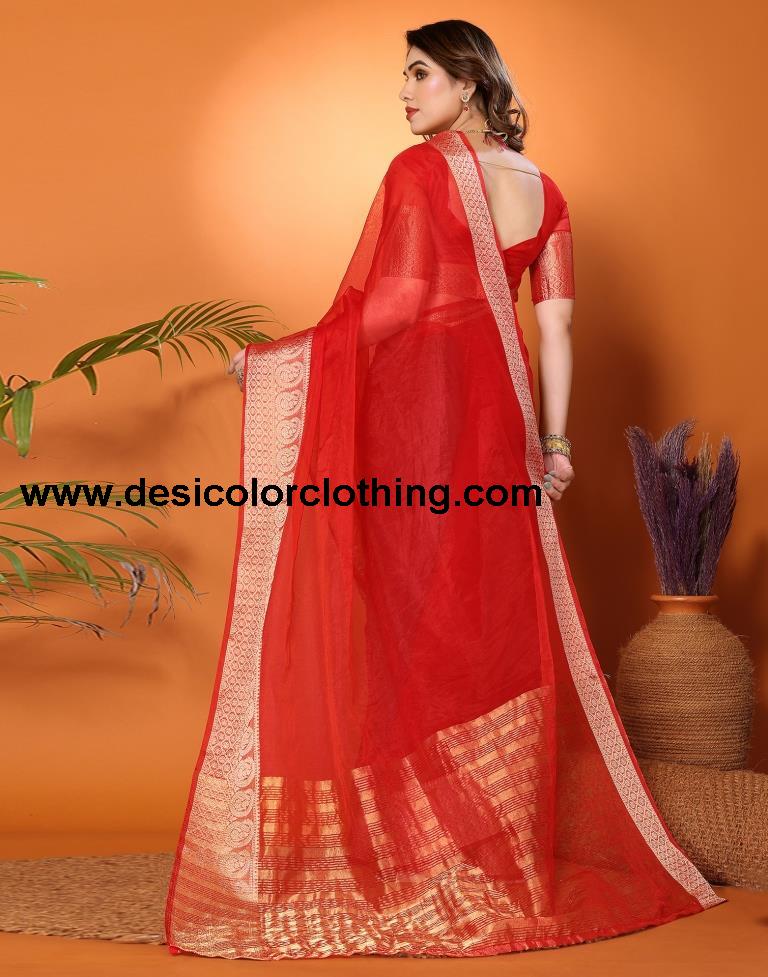 Red Organza Plain Saree