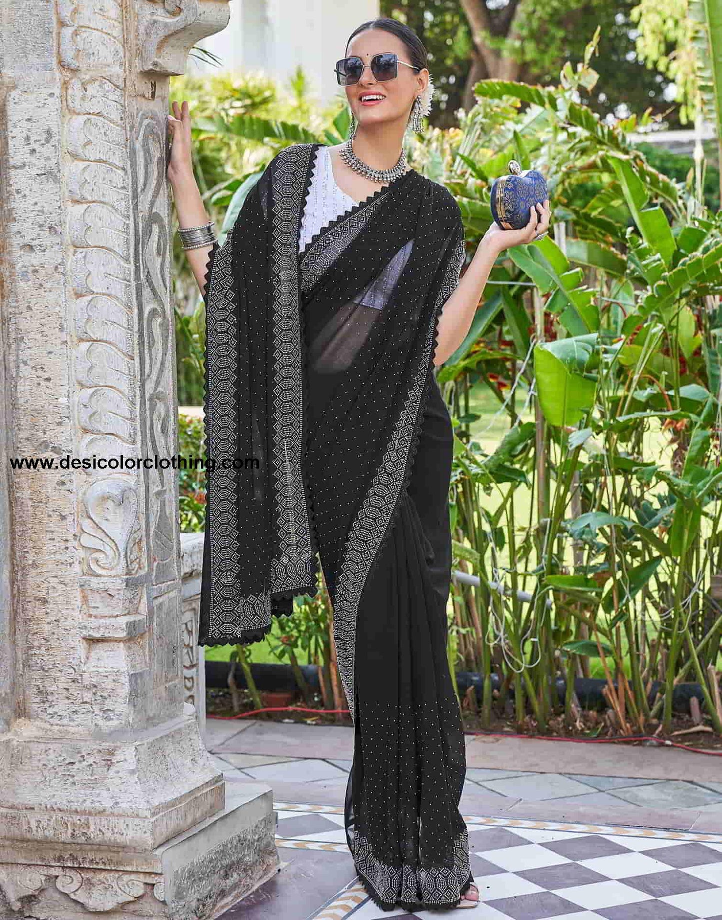 Black Swarovski Georgette Stone Work Saree