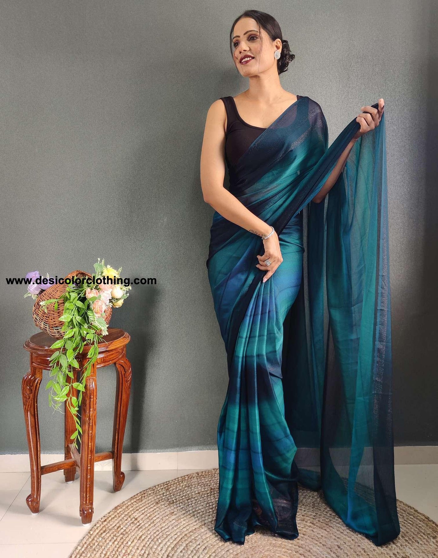 Blue Printed Georgette Pre-draped Saree