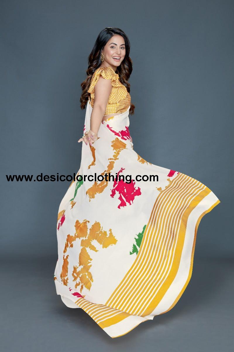 White Coloured silk Satin Printed Saree
