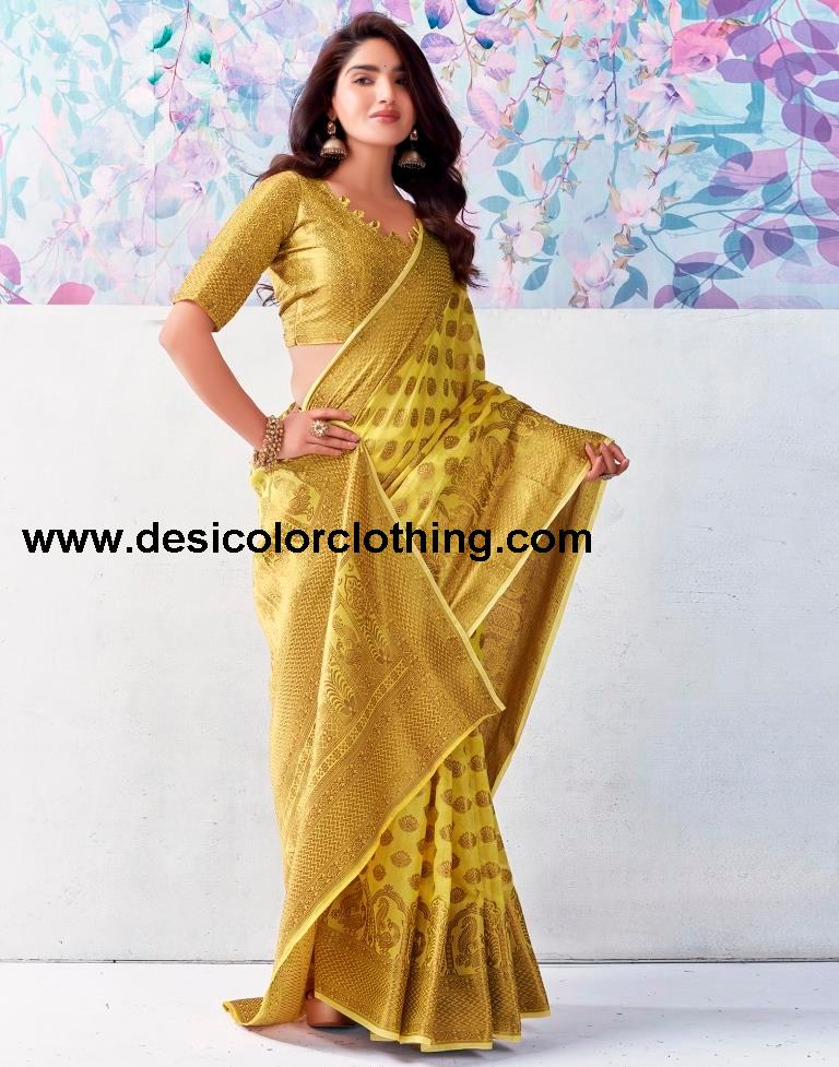 Yellow Silk Plain Saree