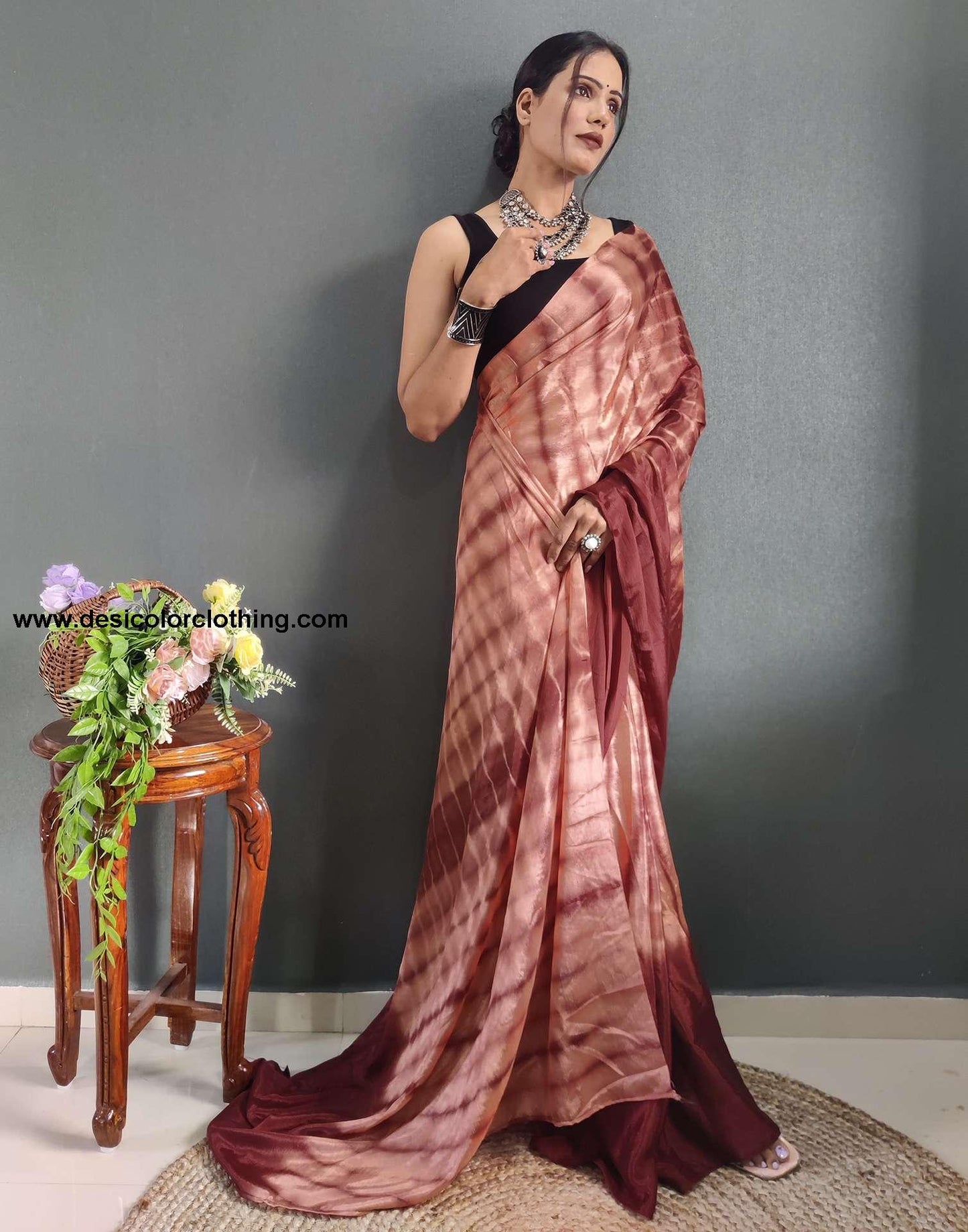 Dull Peach Printed Silk Pre-draped Saree