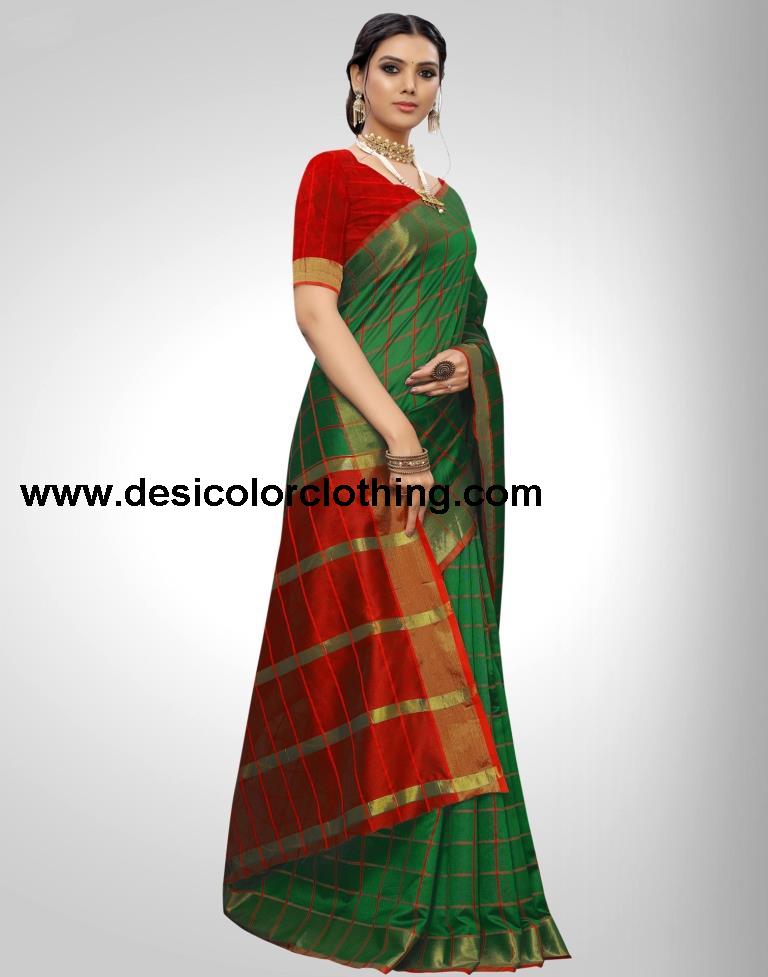 Green Coloured Chanderi Woven Checks Casual saree