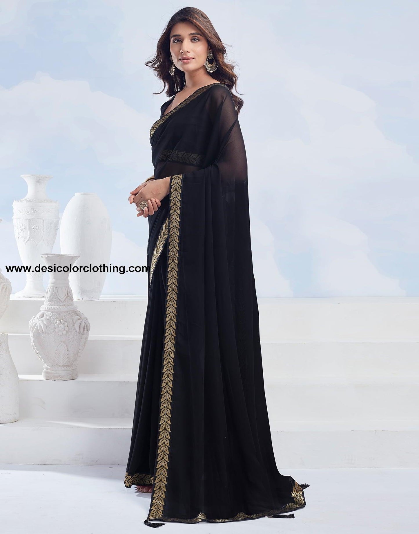 Black Plain Georgette Saree