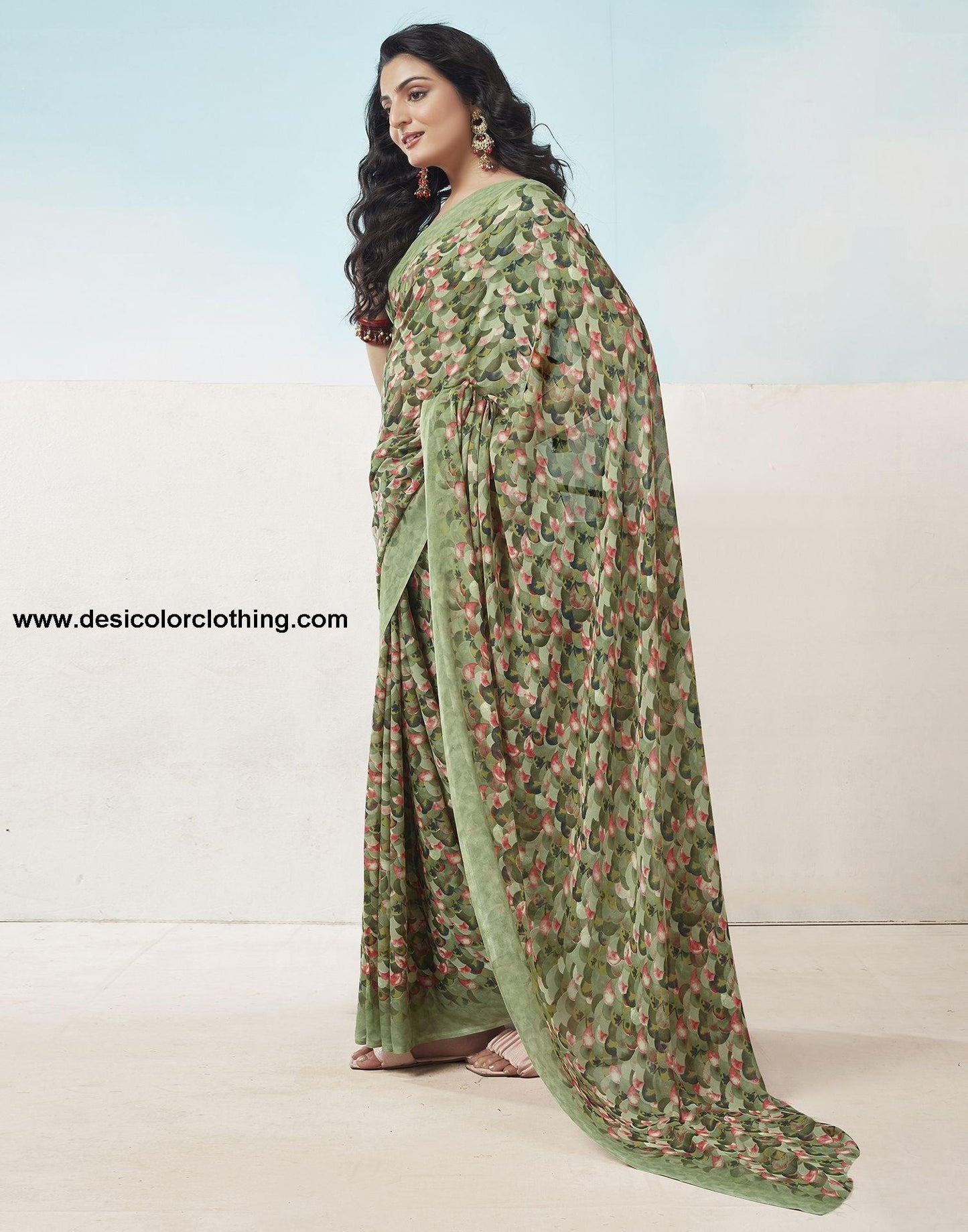 Olive Green Printed Georgette Saree