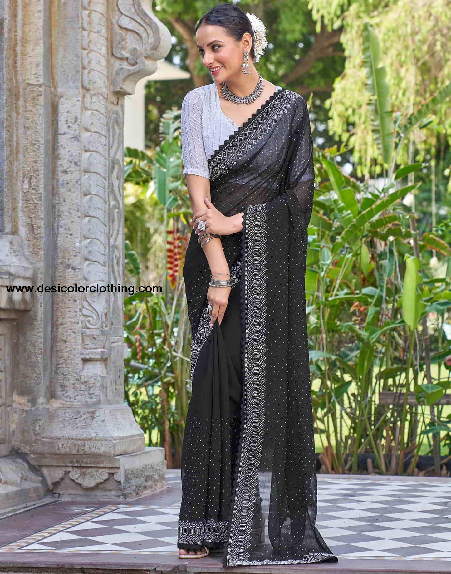 Black Swarovski Georgette Stone Work Saree