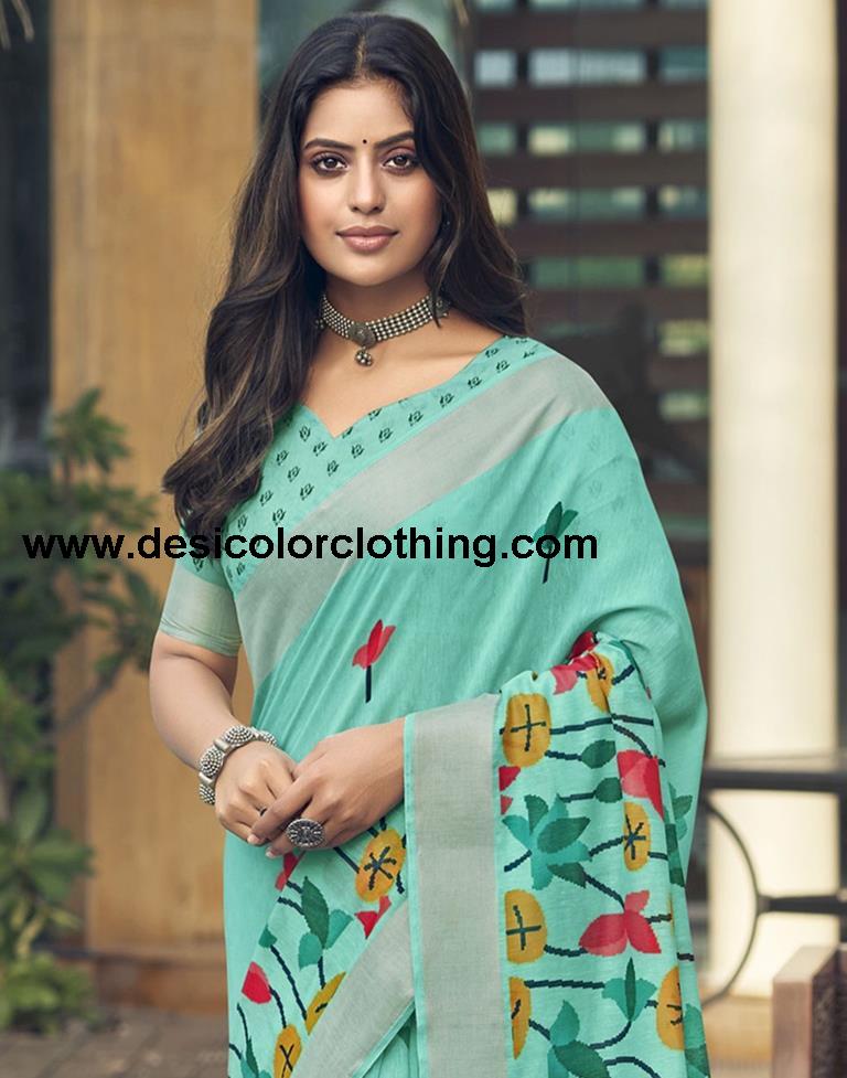 Turquoise Cotton Zari Saree