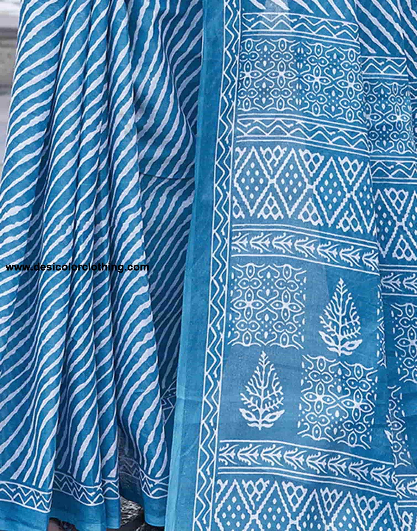 Blue Printed Cotton Leheriya Saree