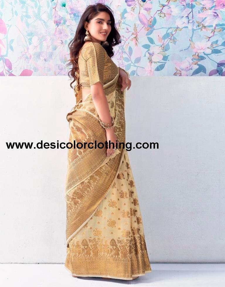 Beige Silk Plain Saree