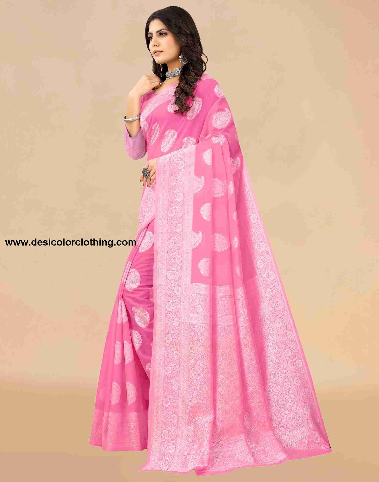 Pink Cotton Plain Saree