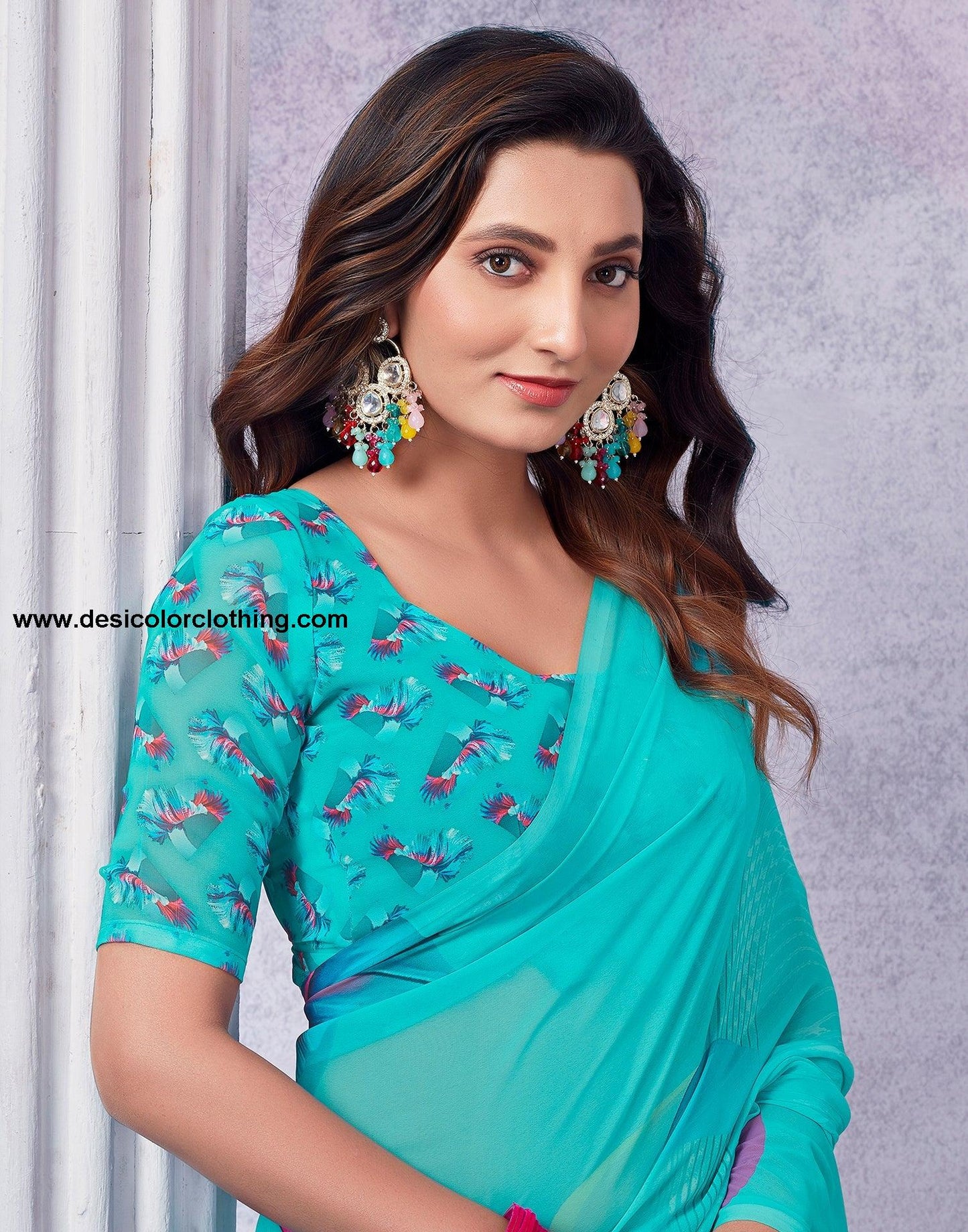 Turquoise Georgette Printed Saree