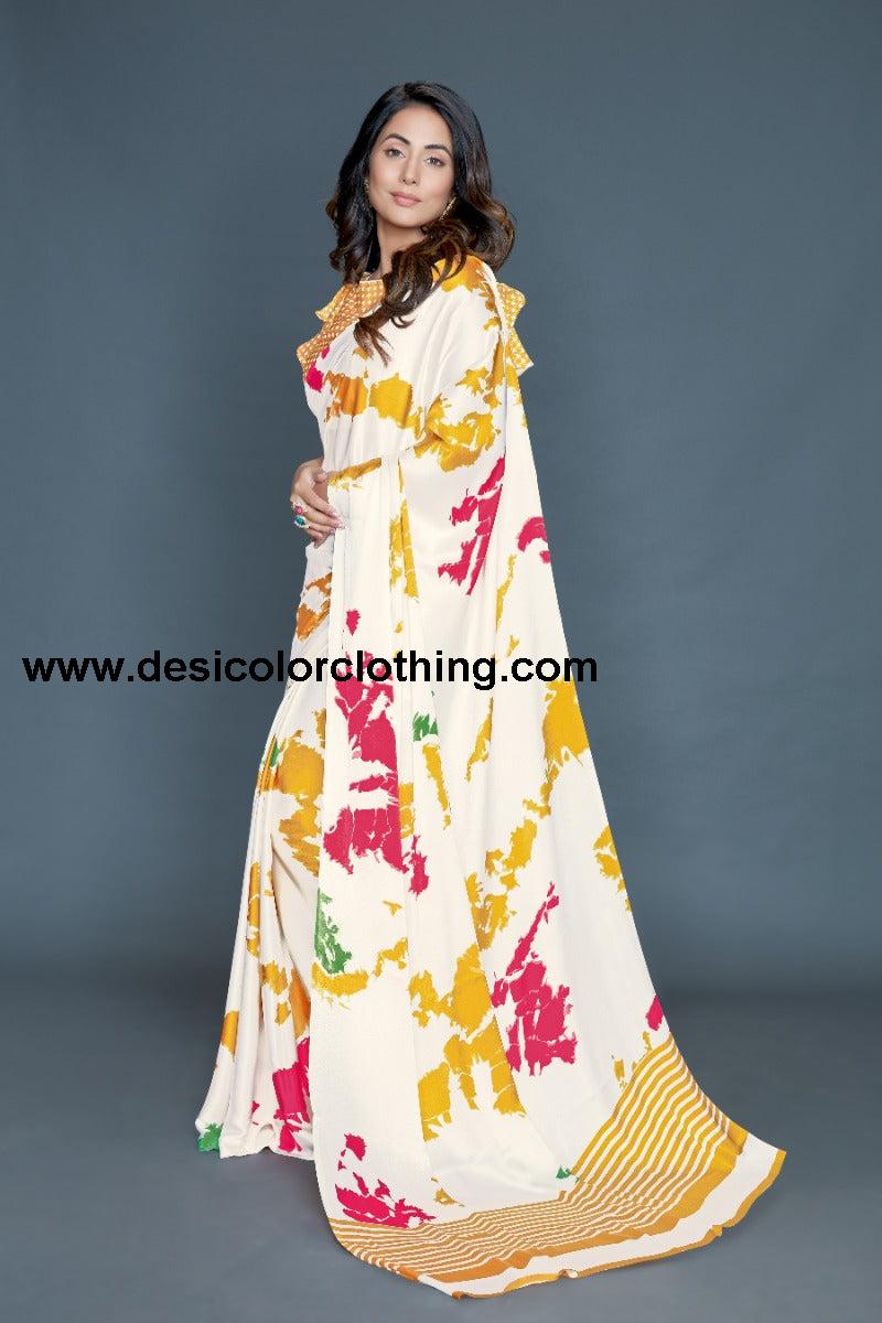 White Coloured silk Satin Printed Saree