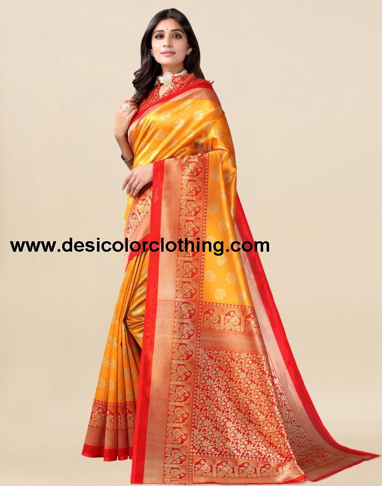 Golden Yellow And Red Silk Saree