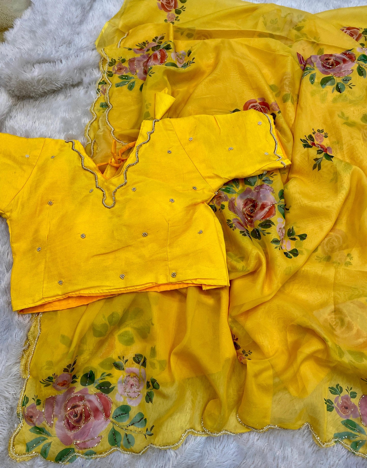 Product Image - Designer Satin Organza Saree with Handcrafted Floral Prints and Pearl Cutwork Border