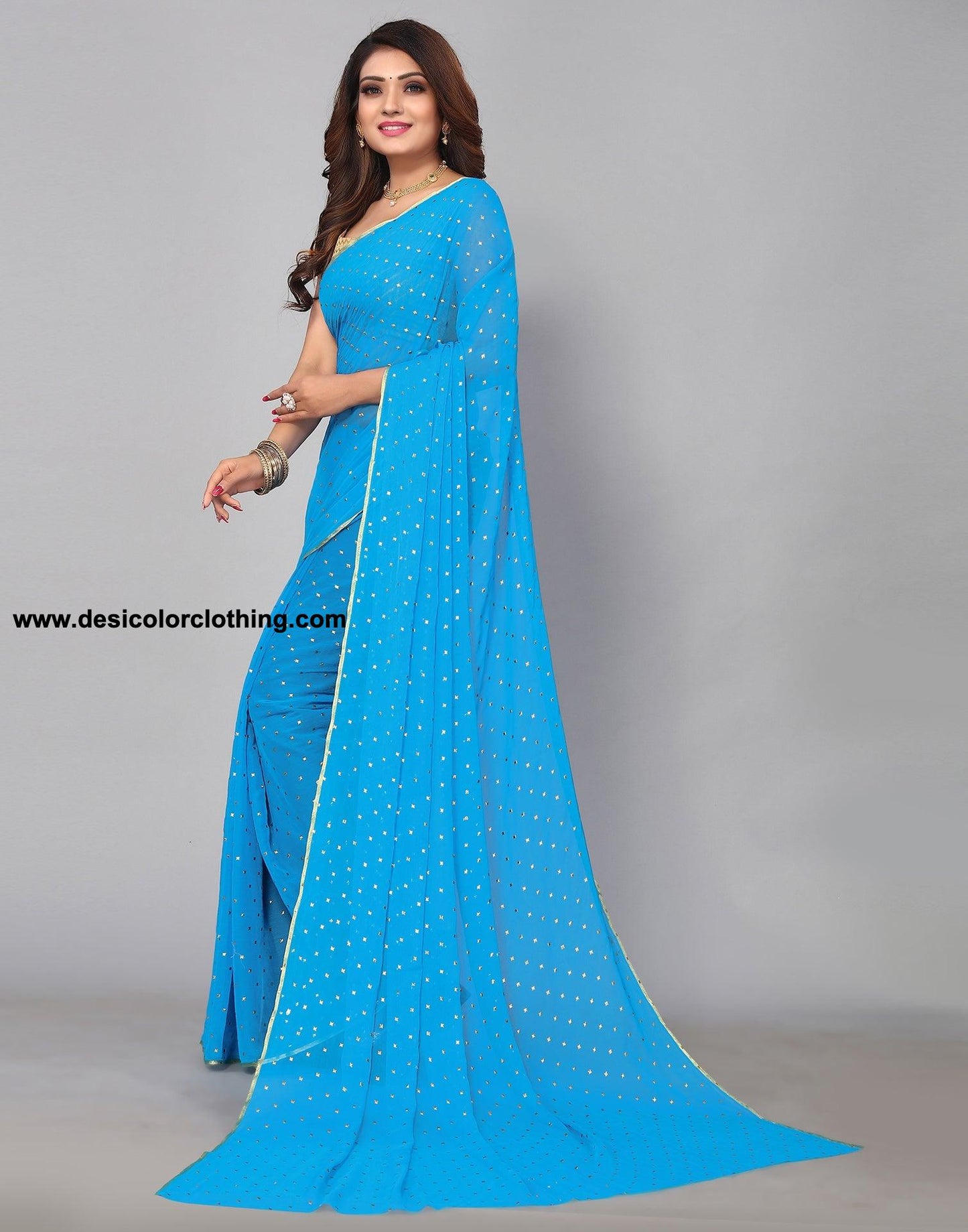 Sky Blue Chiffon Plain Saree