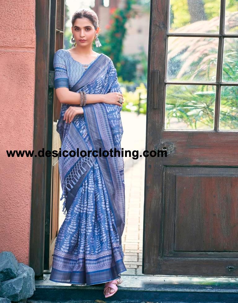 Blue Silk Printed Saree