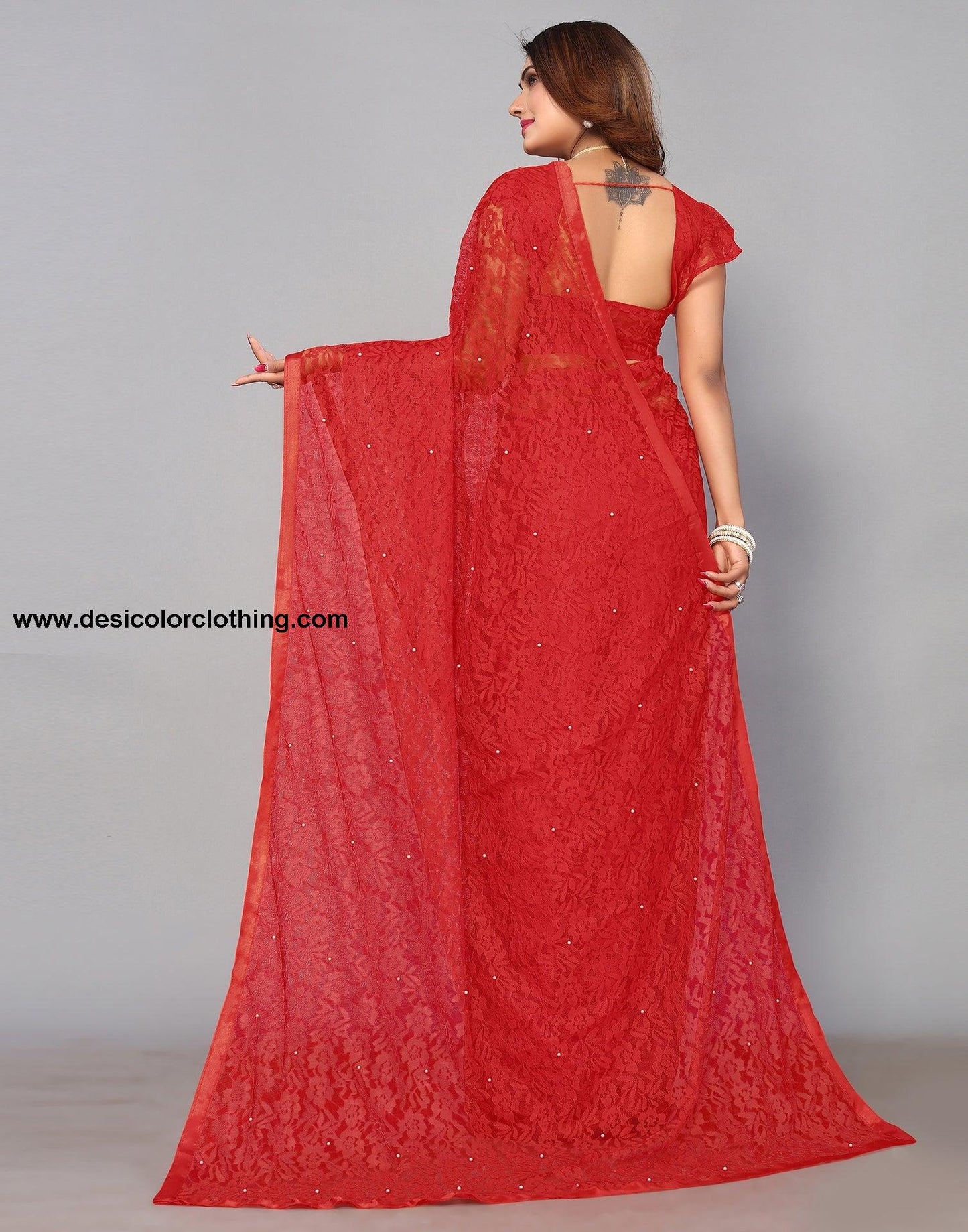 Red Net Lace Saree