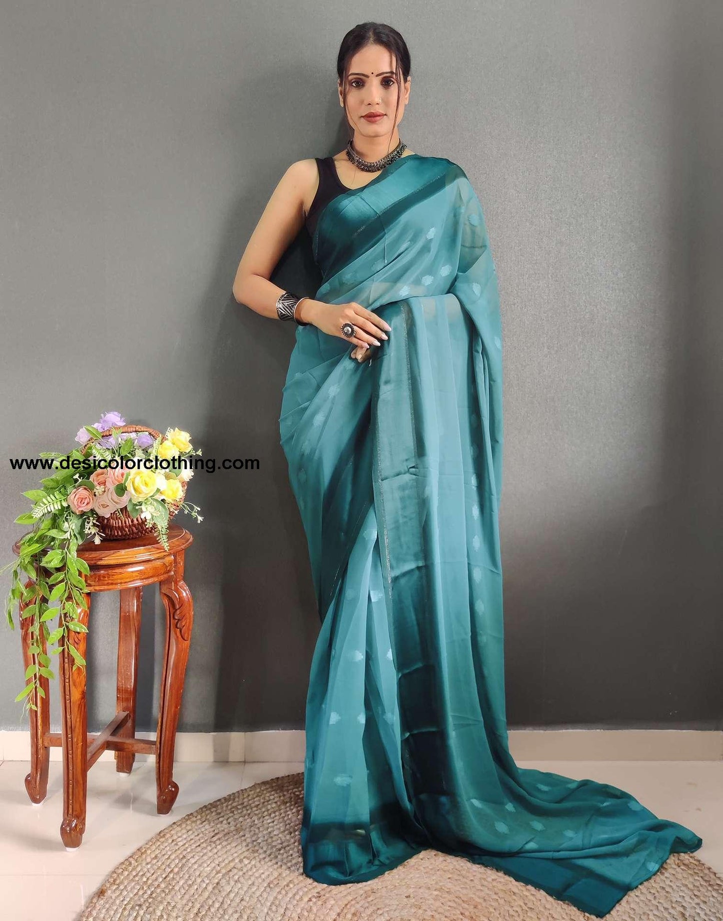 Blue Plain Georgette Pre-draped Saree