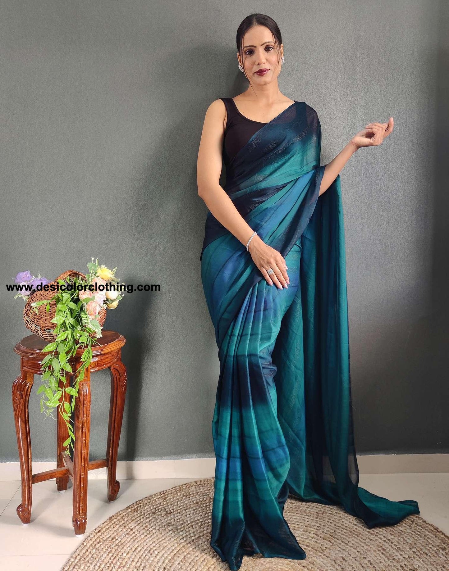 Blue Printed Georgette Pre-draped Saree