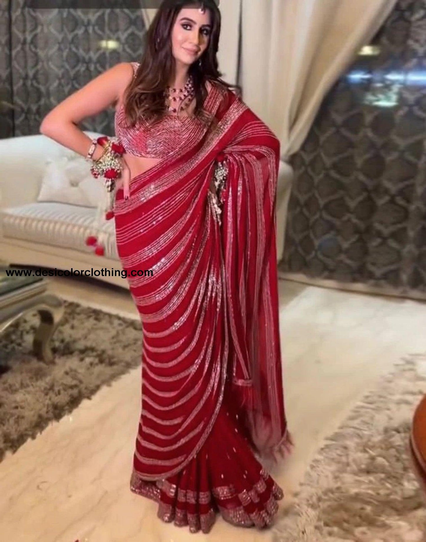 Red Georgette Plain Saree