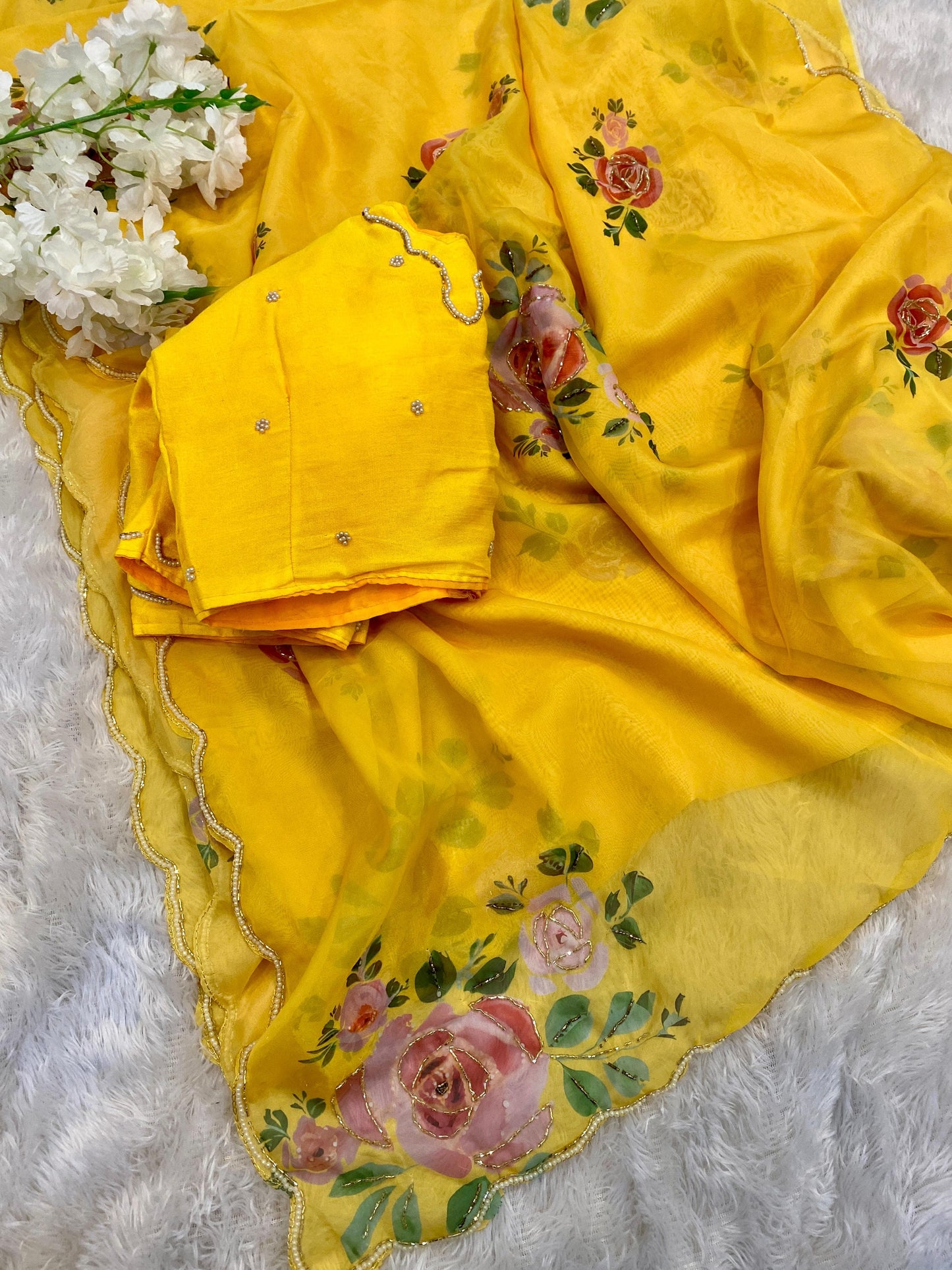 Product Image - Designer Satin Organza Saree with Handcrafted Floral Prints and Pearl Cutwork Border