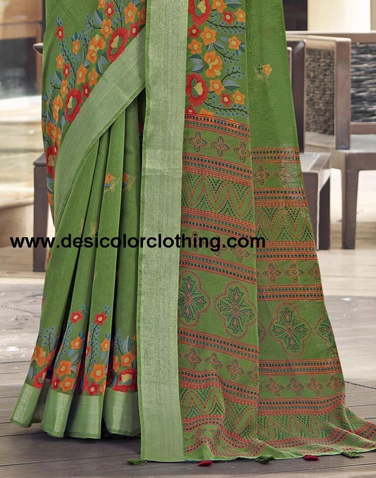 Olive Green Cotton Zari Saree