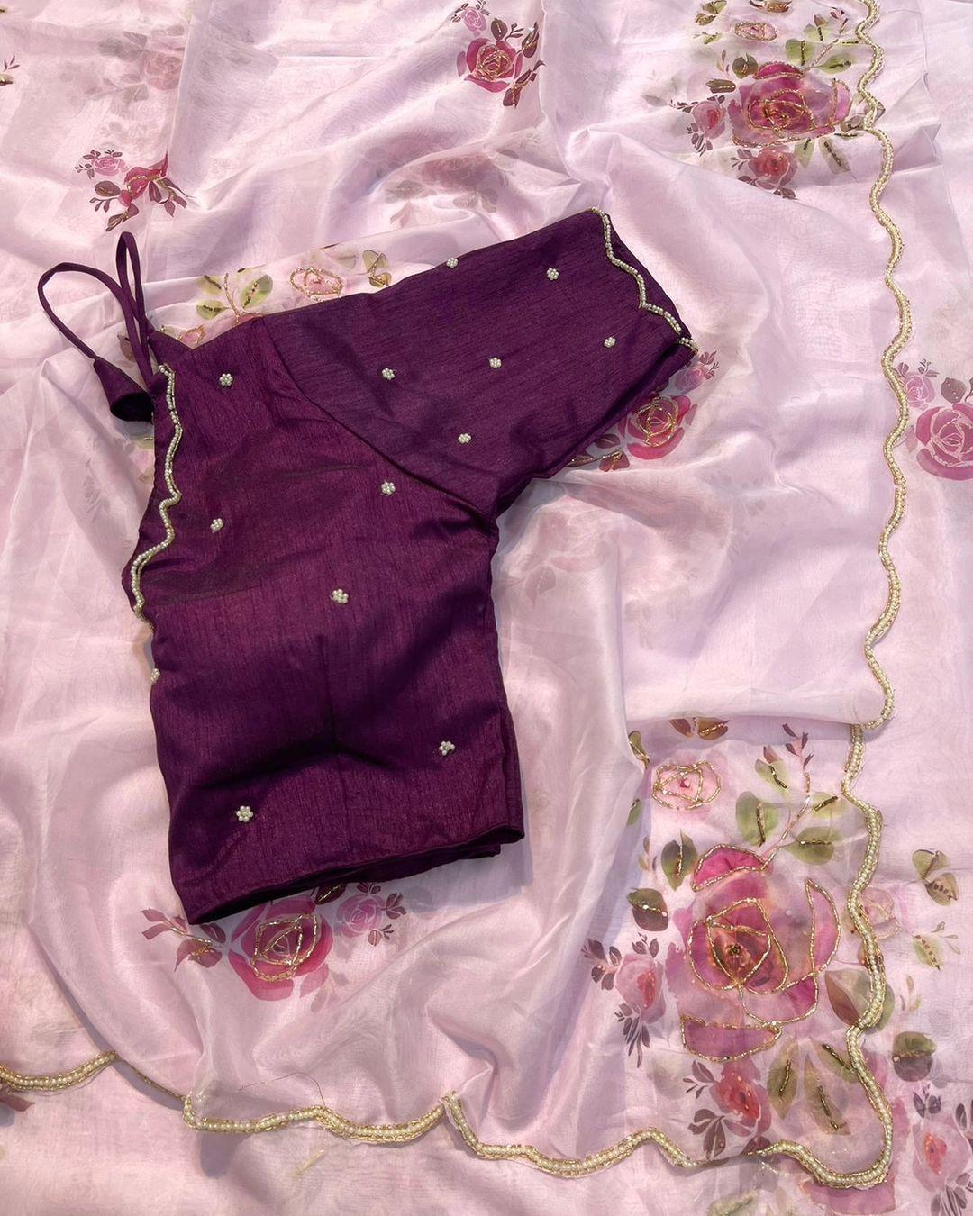 Product Image - Designer Satin Organza Saree with Handcrafted Floral Prints and Pearl Cutwork Border