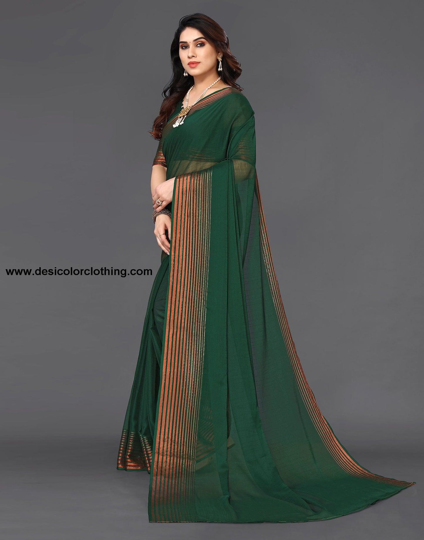 Dark Green Chiffon Plain Saree