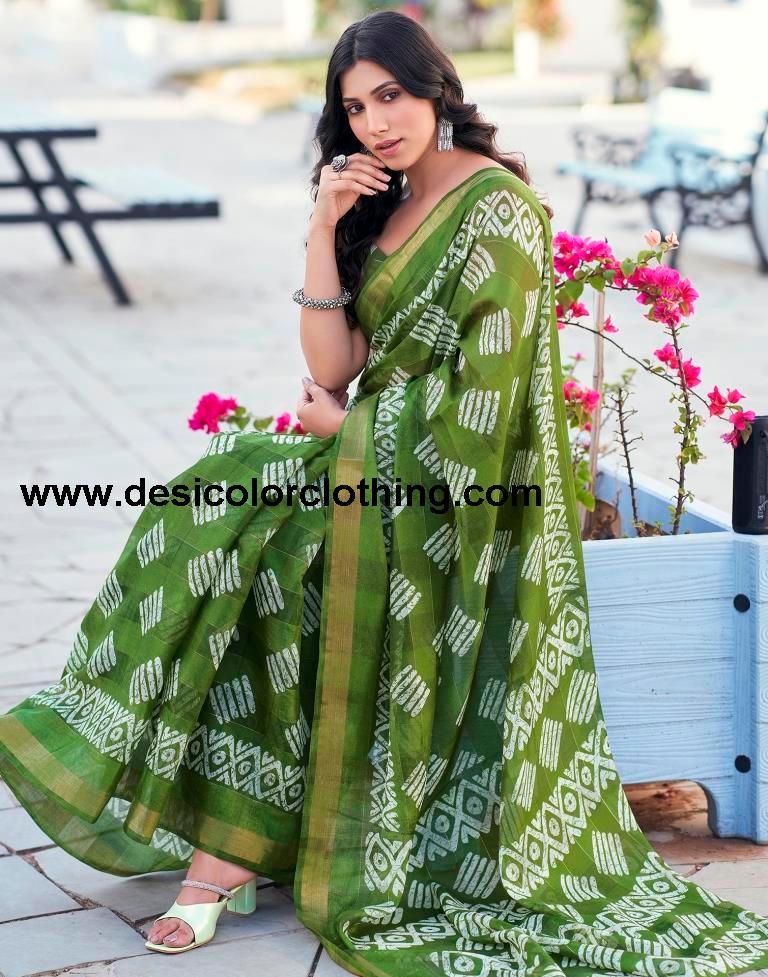 Olive Green Printed Cotton Saree