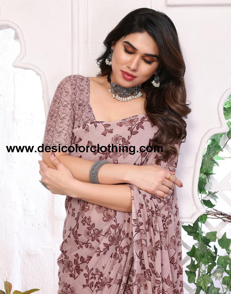 Dusty Pink Georgette Floral Printed Saree