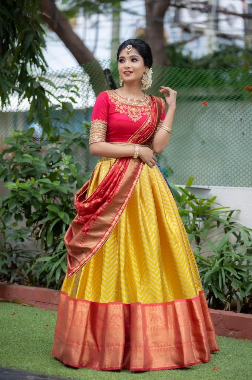 Product Image - Lemon Yellow Traditional Lehenga with Red Border - 1