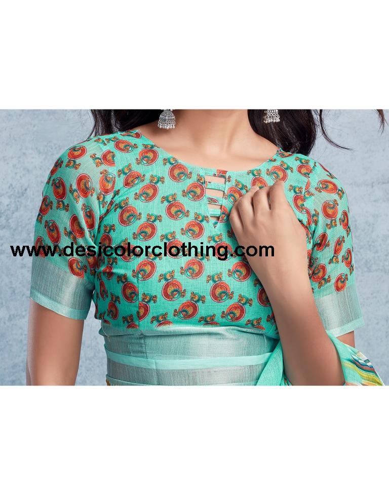 Pasta Green Linen Printed Saree