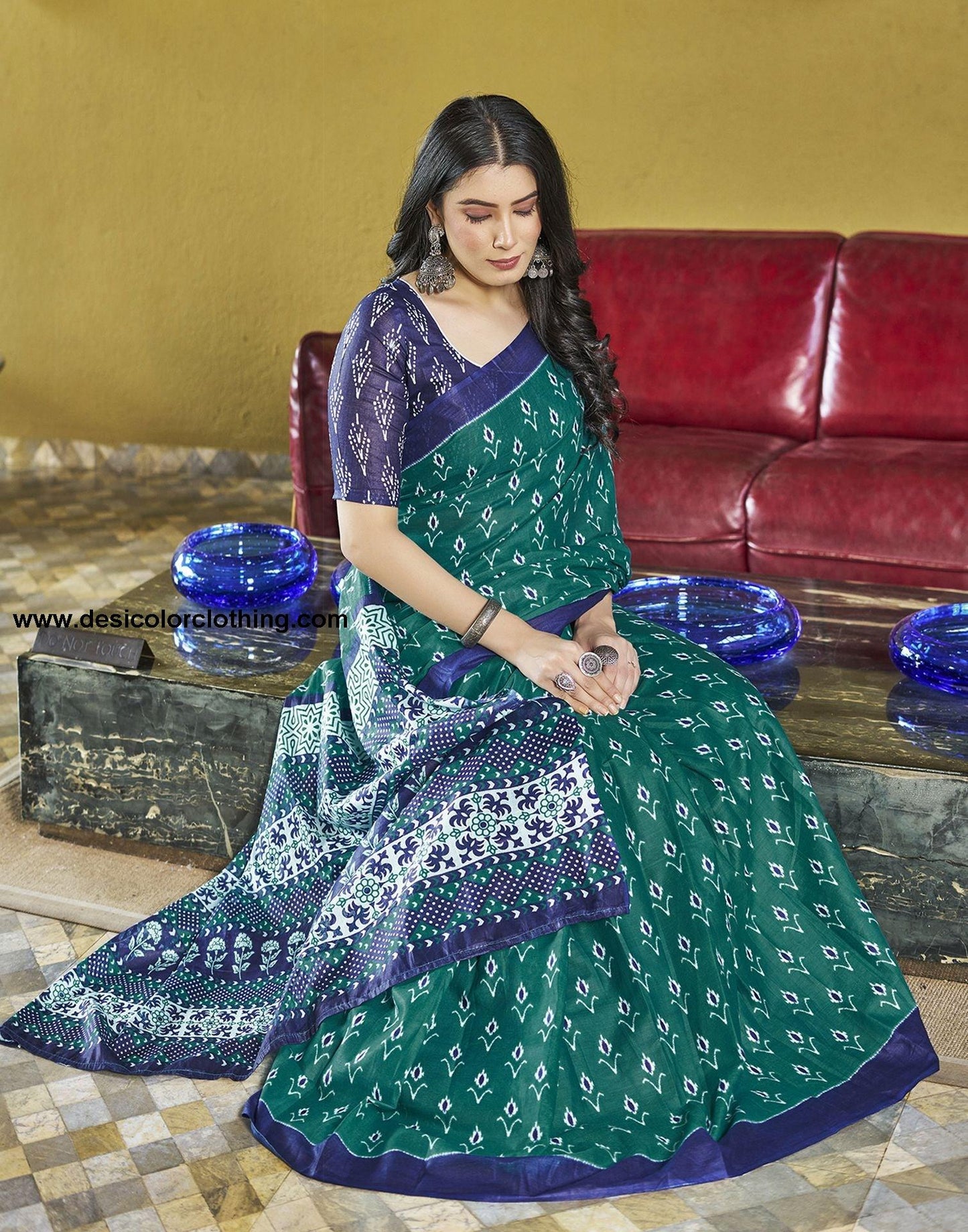 Rama Green Printed Cotton Pre-draped Saree