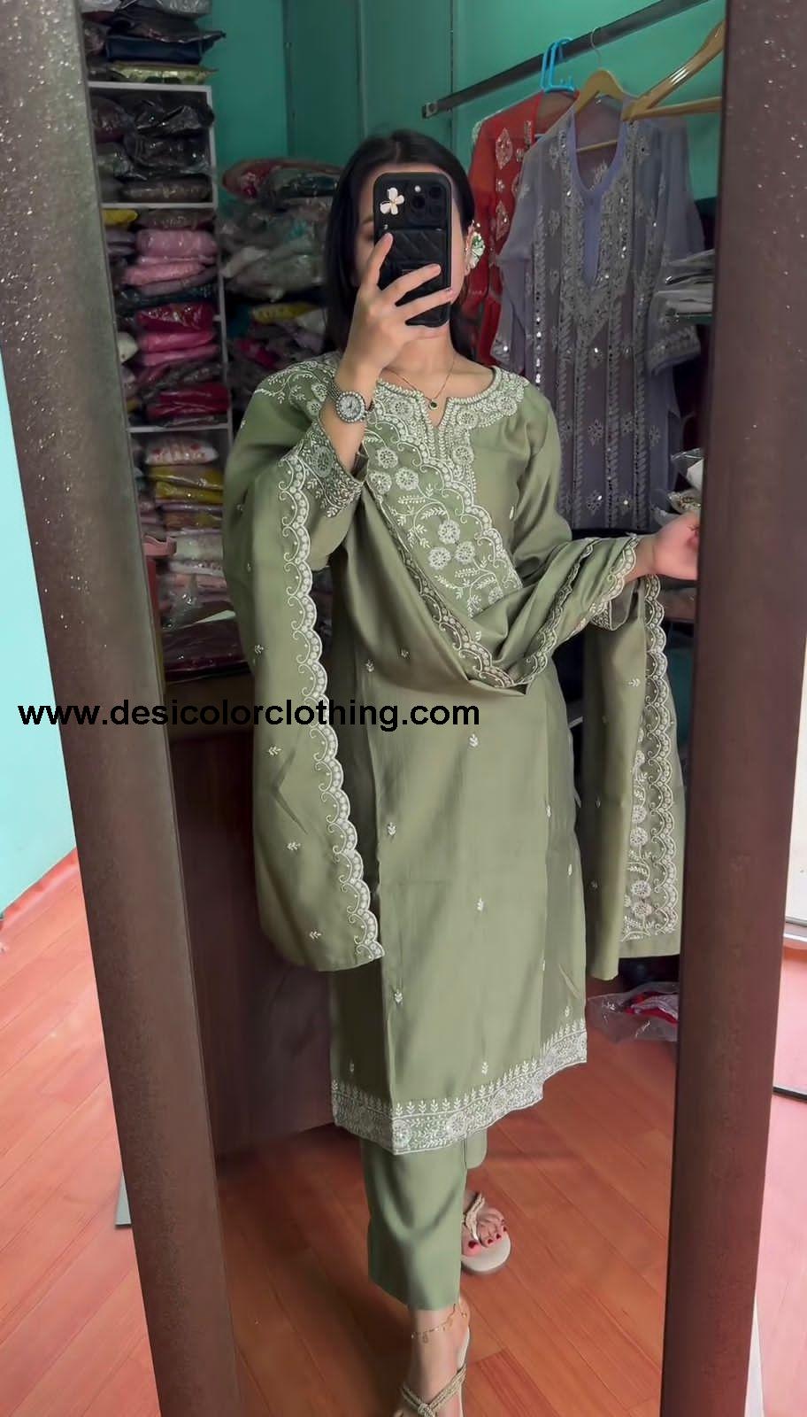 Pure Chinnon With Embroidery Sequence Work Top-Bottom And Dupatta Set Fully Stitched Ready To Wear*