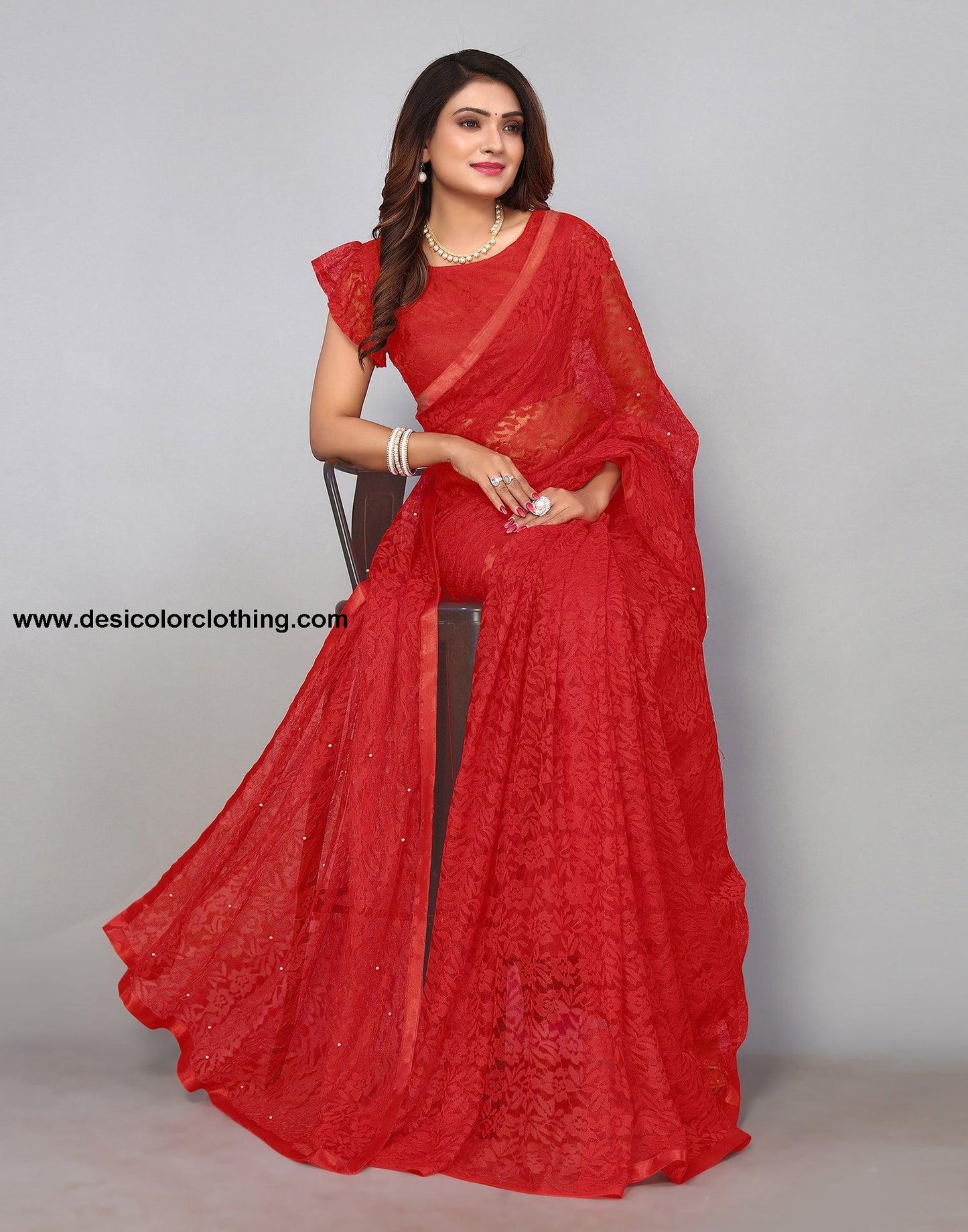 Red Net Lace Saree