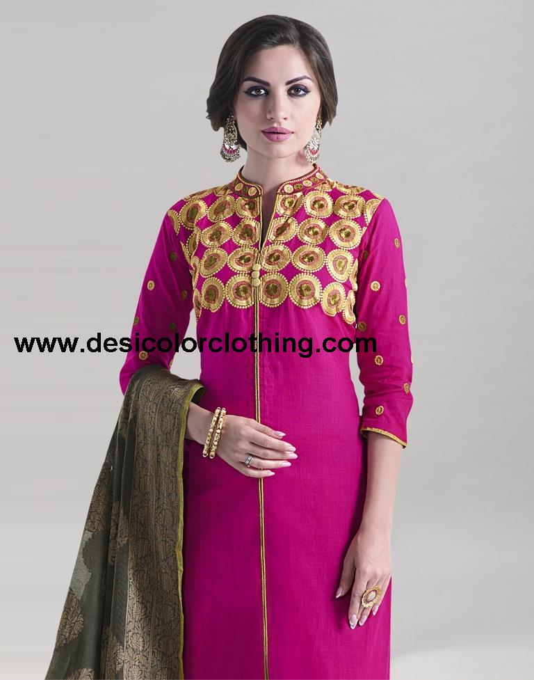 Pink Khadi Cotton Embroidered Unstitched Salwar Suit