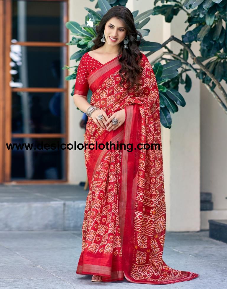 Cherry Red Printed Cotton Saree