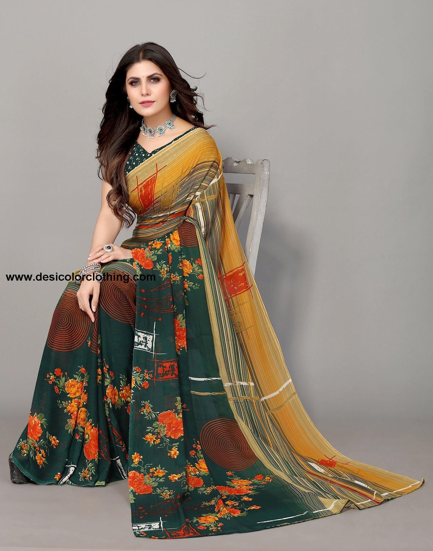Dark Green And Beige Printed Saree