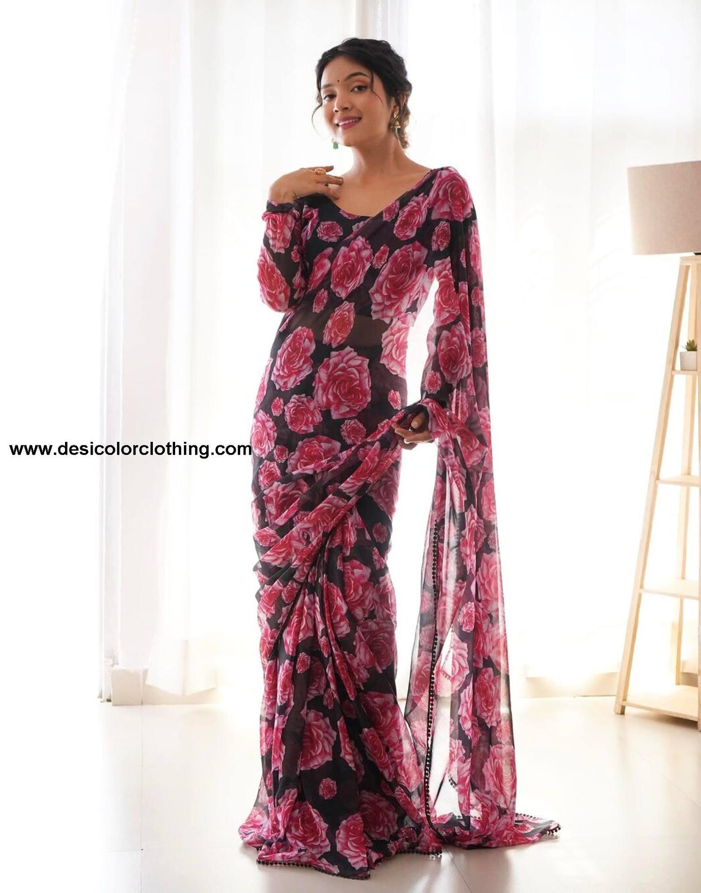 Black Georgette Printed Pre-draped Saree