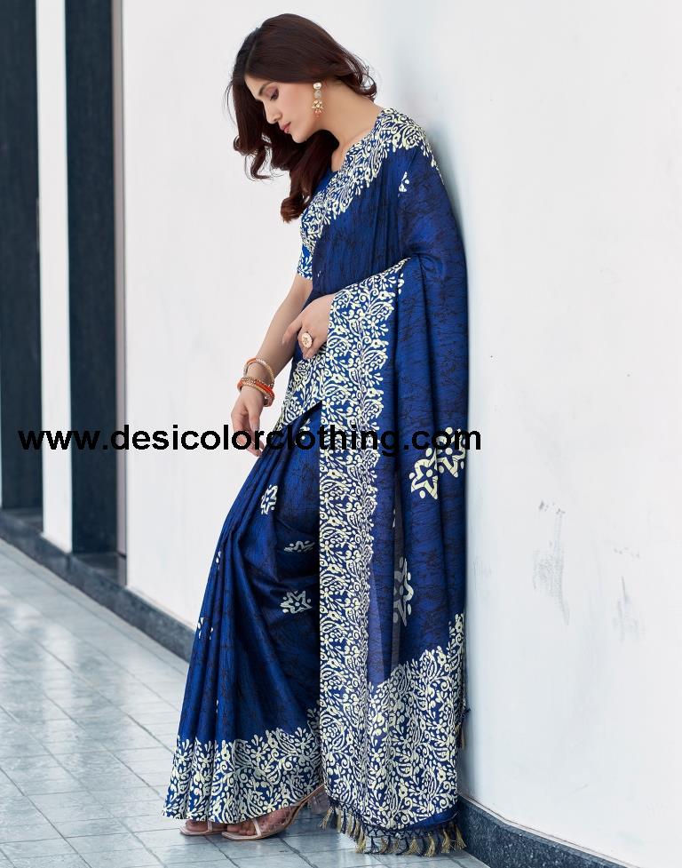 Dark Blue Silk Printed Saree