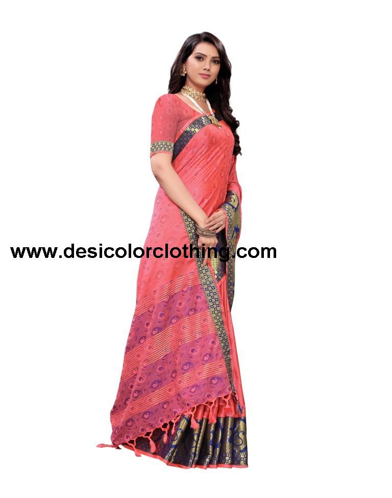 Brink Pink Coloured Poly Silk Jacquard Partywear saree