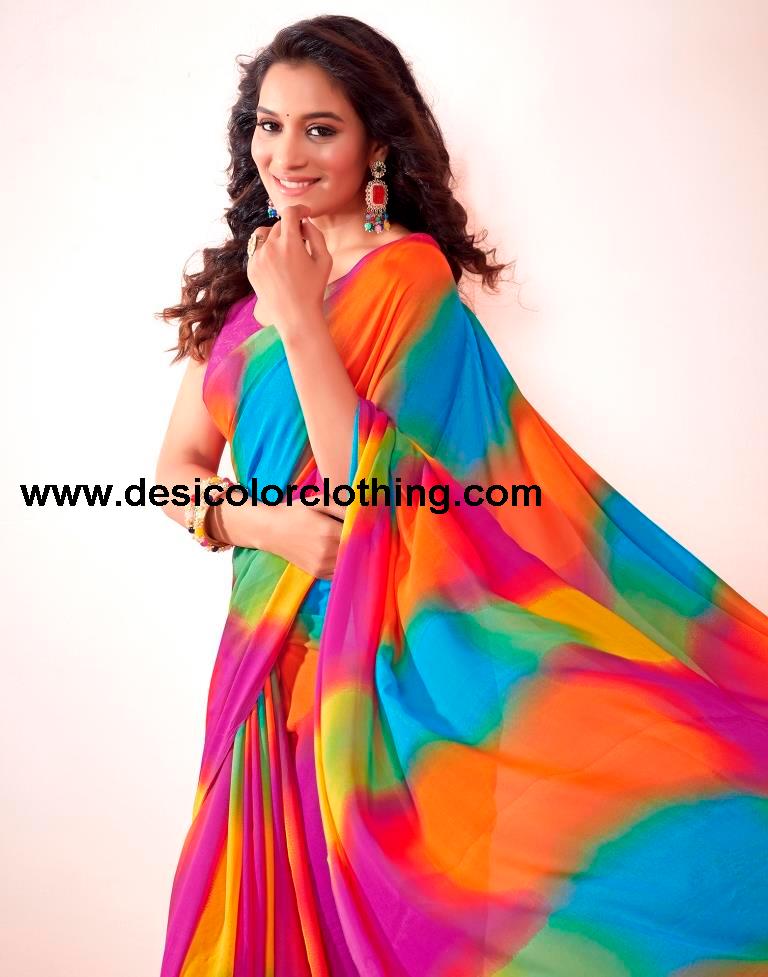 Pink Georgette Printed Saree