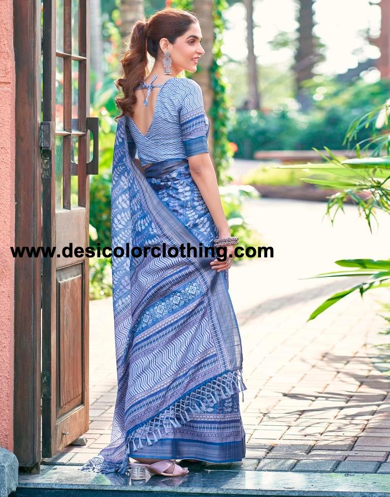 Blue Silk Printed Saree