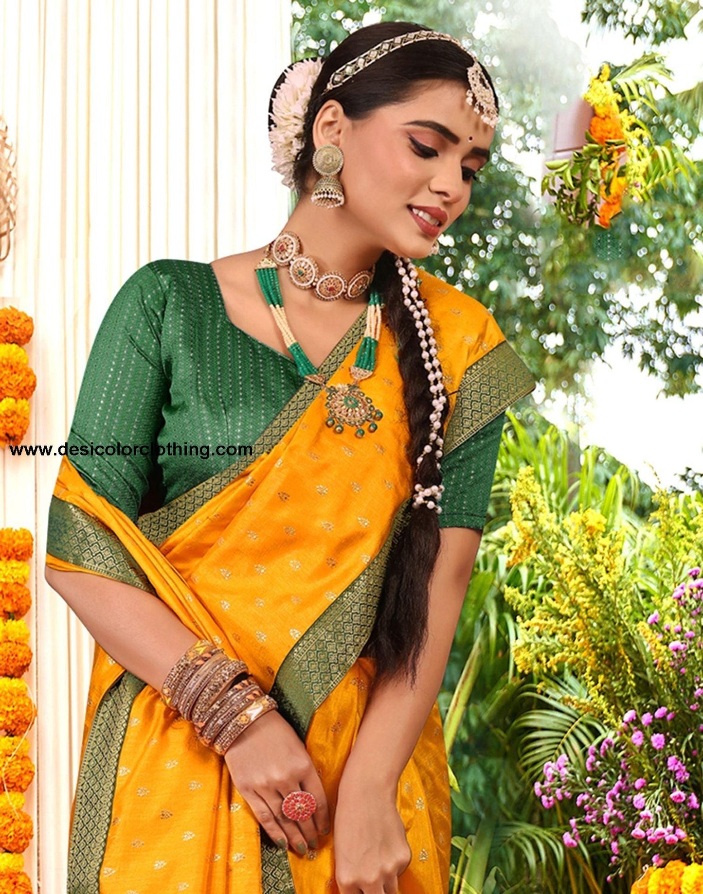 Yellow Printed Silk Saree