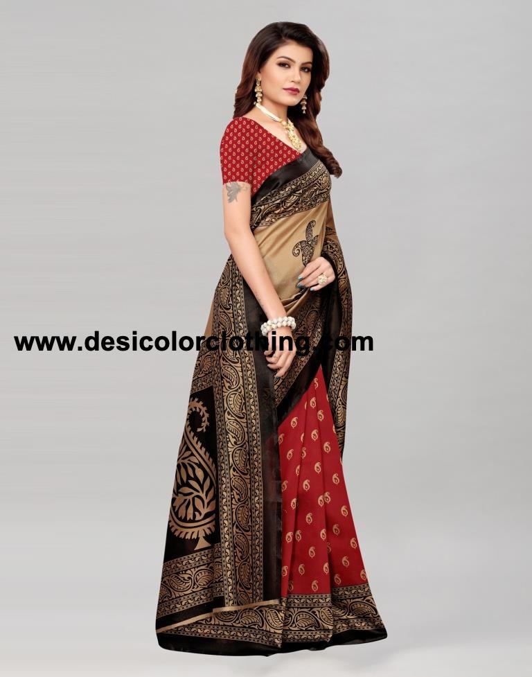 Beige And Maroon Coloured Poly Silk Printed Saree