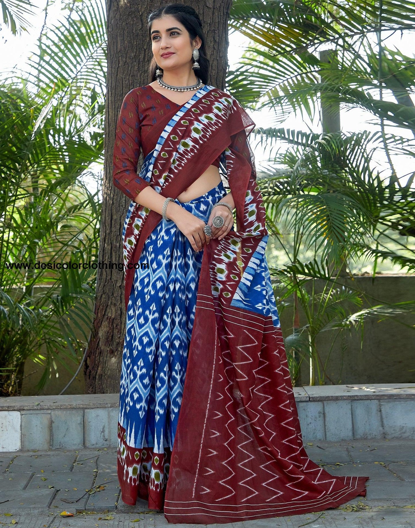 Blue Cotton Printed Saree