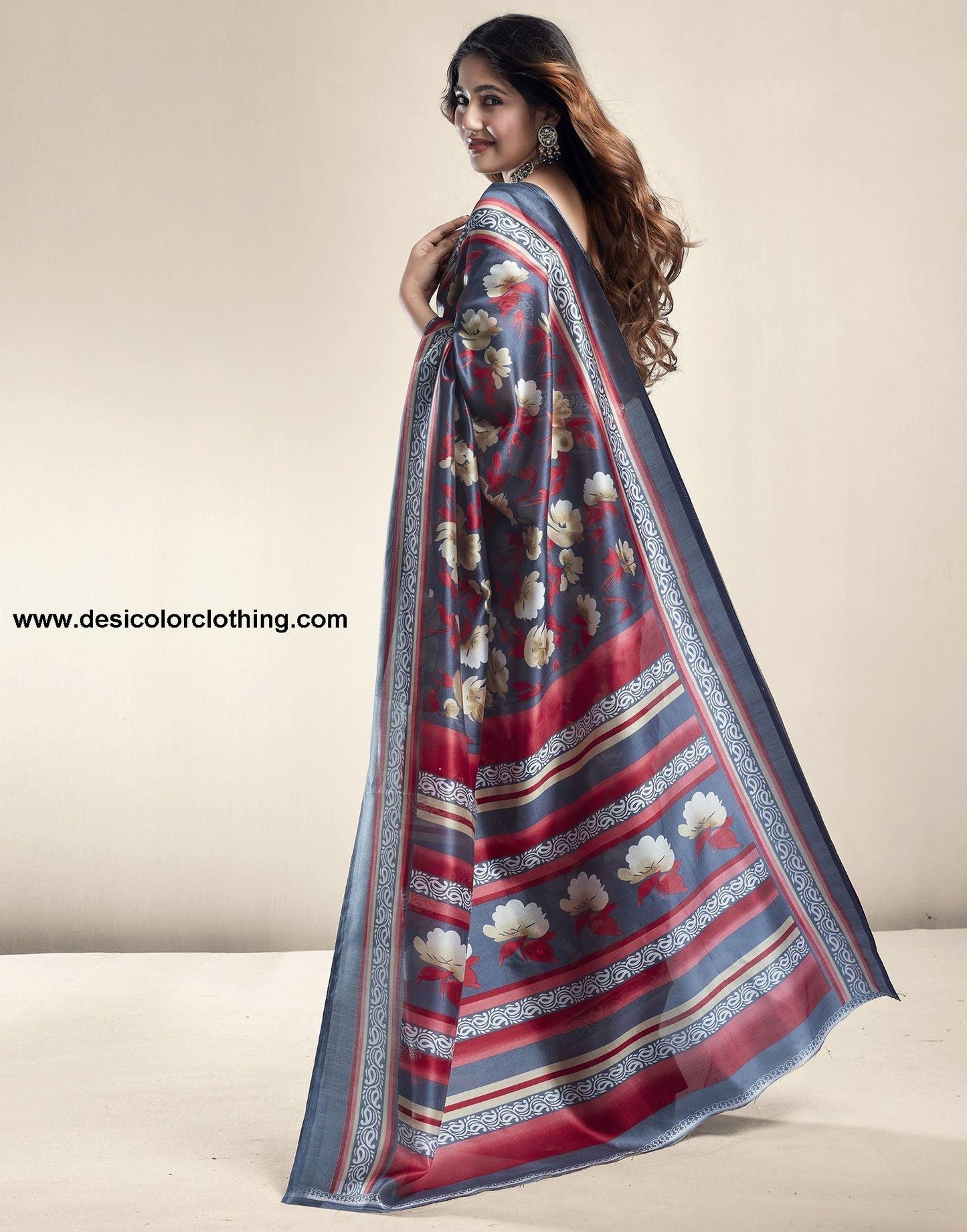 Dark Grey Printed Silk Saree