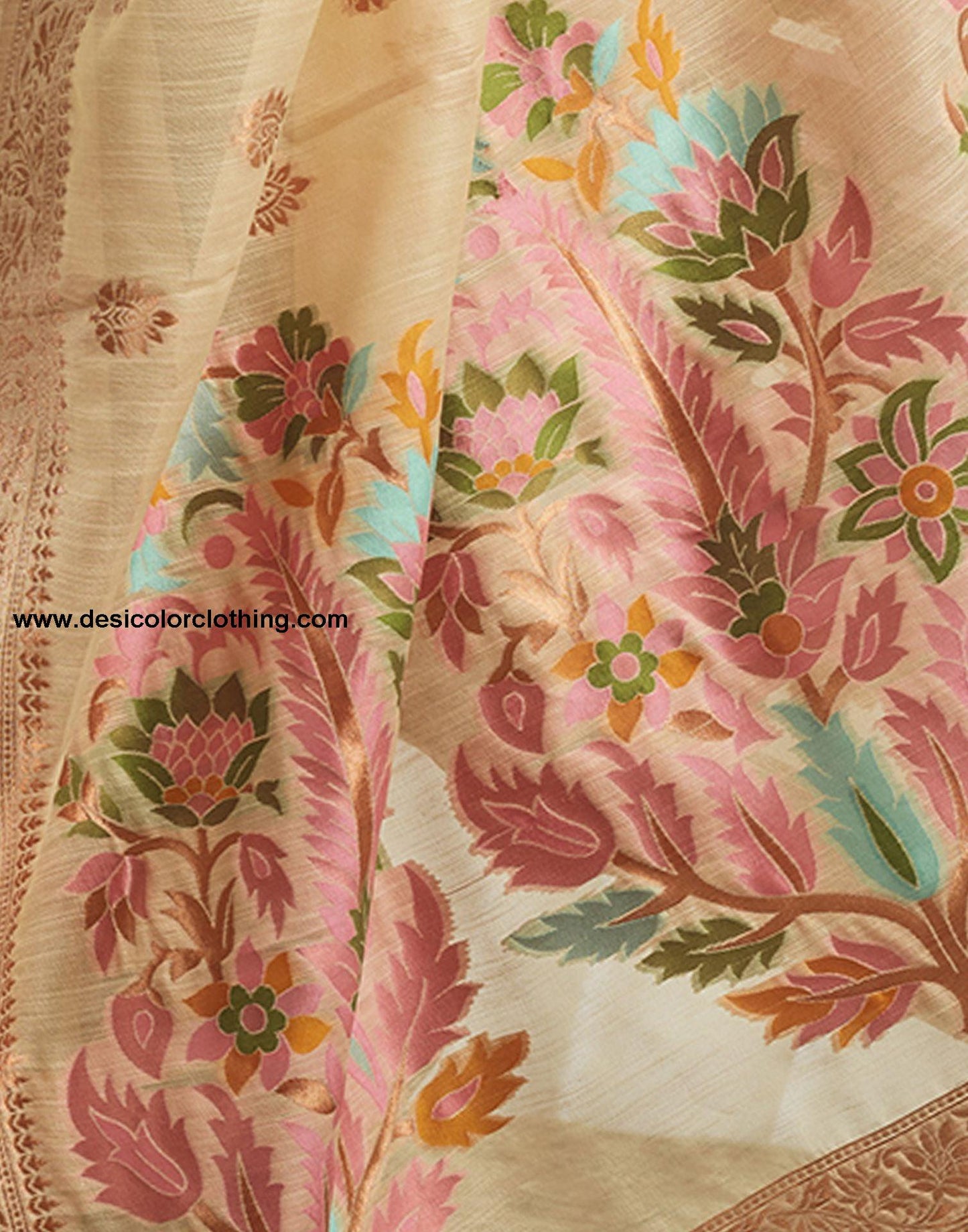 Cream Jacquard Linen Saree